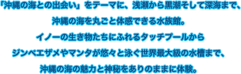 >「沖縄の海との出会い」をテーマに、浅瀬から黒潮そして深海まで、沖縄の海を丸ごと体感できる水族館。イノーの生き物たちにふれるタッチプールからジンベエザメやマンタが悠々と泳ぐ世界最大級の水槽まで、沖縄の海の魅力と神秘をありのままに体験。